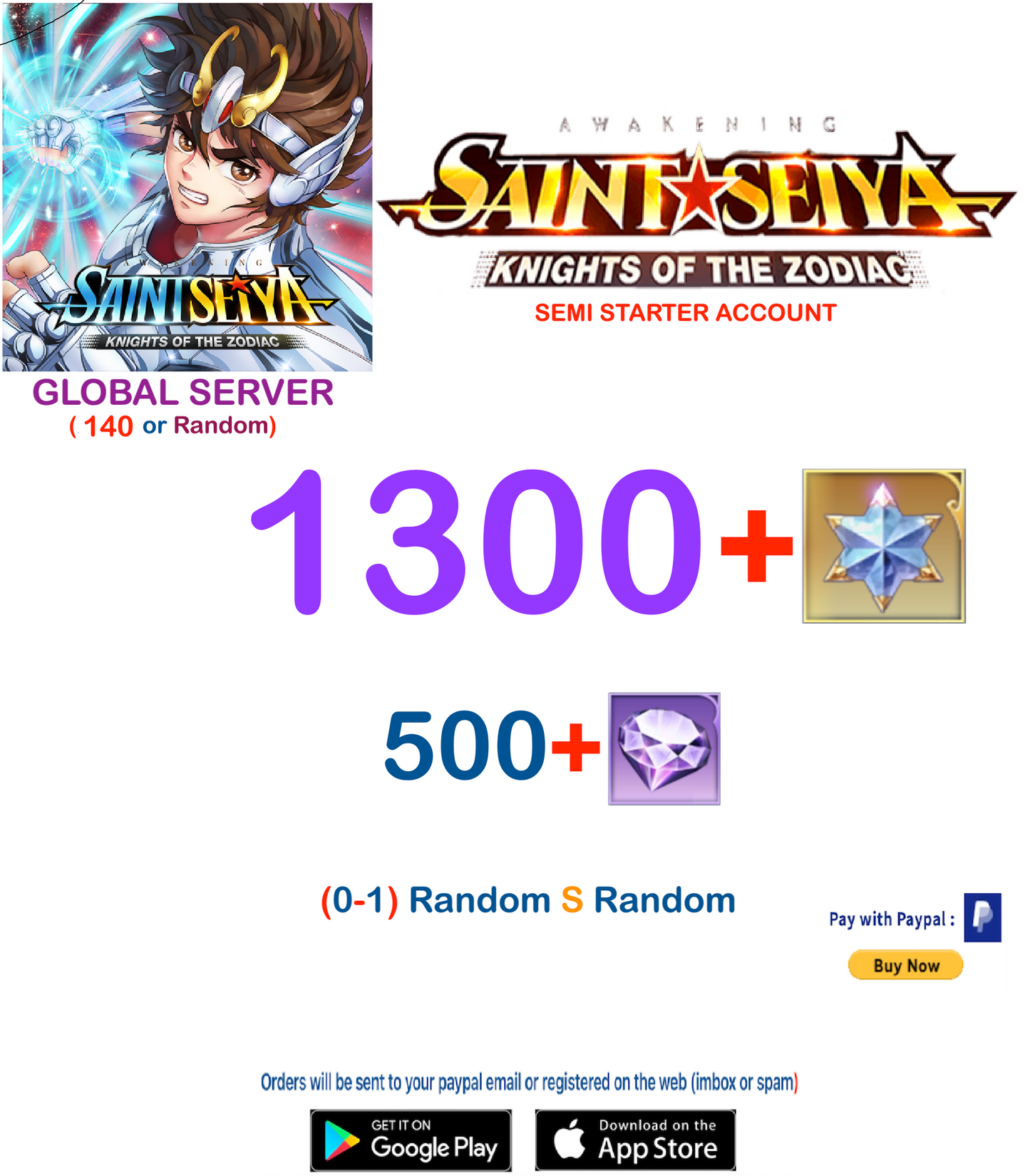 (Global Server)  1300 Advanced Gems Saint Seiya Awakening KOTZ Semi Starter Account