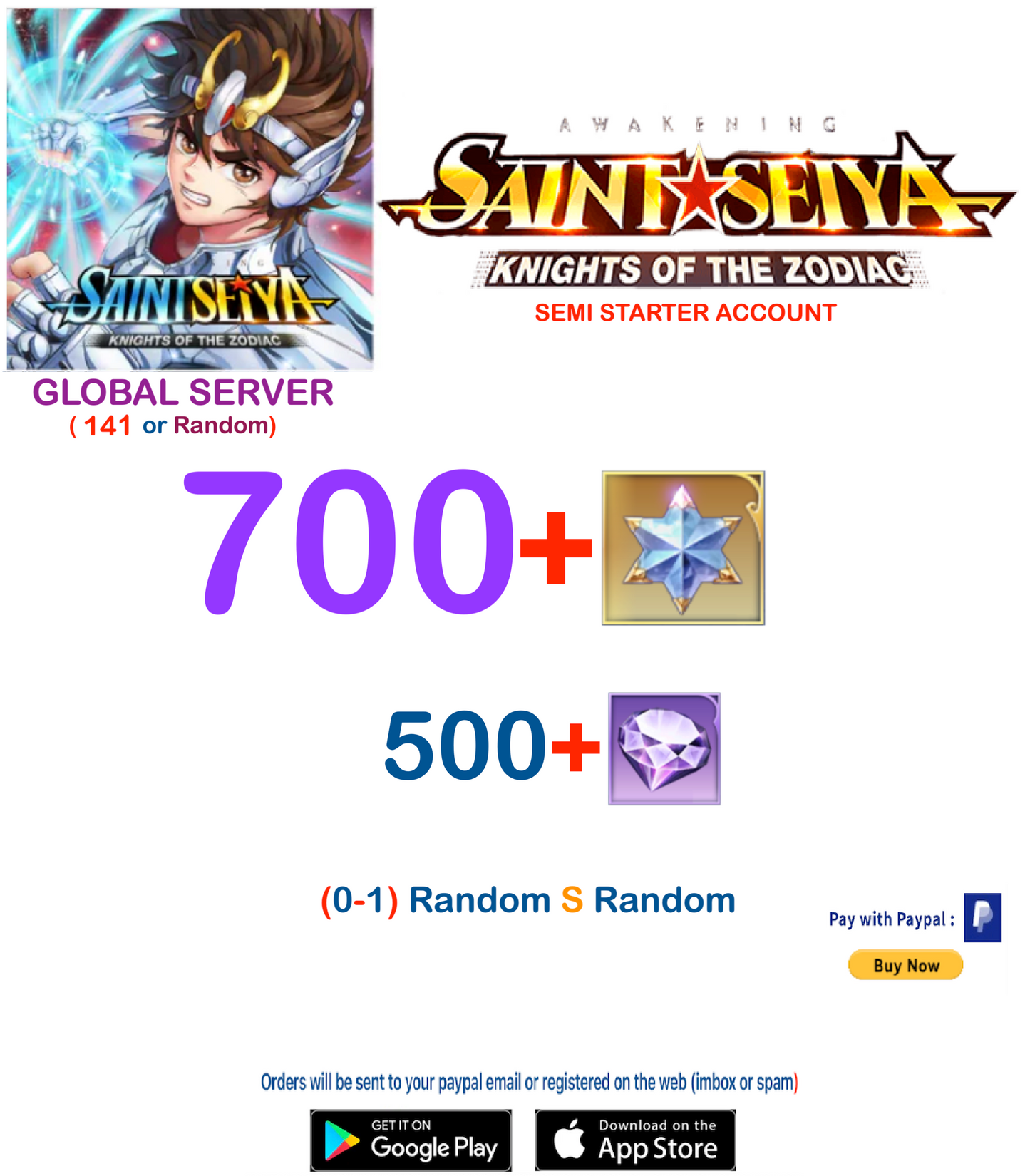 (Global Server)  700 Advanced Gems Saint Seiya Awakening KOTZ Semi Starter Account
