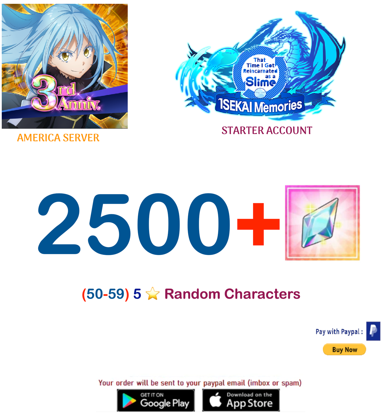 [GLOBAL/America/Android Version]  2500+ Crystals Slime  isekai Memories Starter Reroll Account