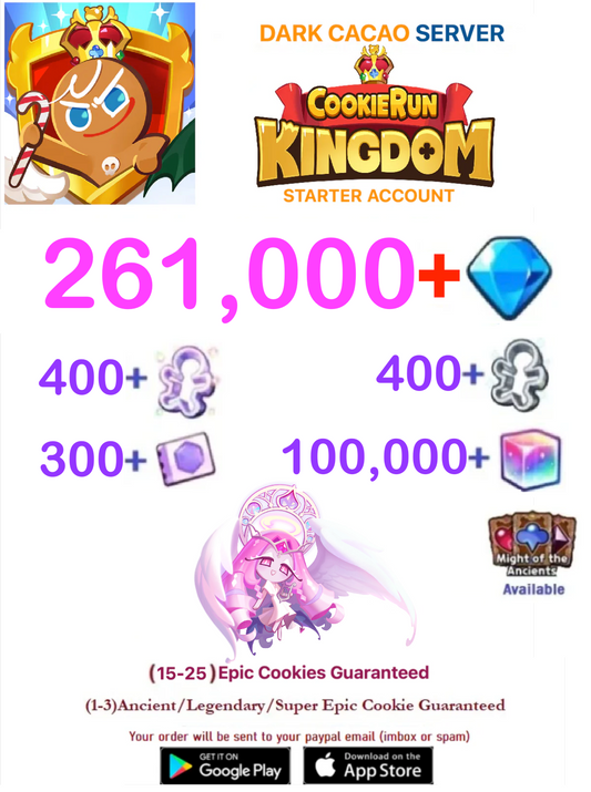 [GLOBAL/ALL SERVER][INSTANT DELIVERY] 261,000+Gems +  Eternal Sugar Cookie/ Cookie Run: Kingdom Starter Reroll Account