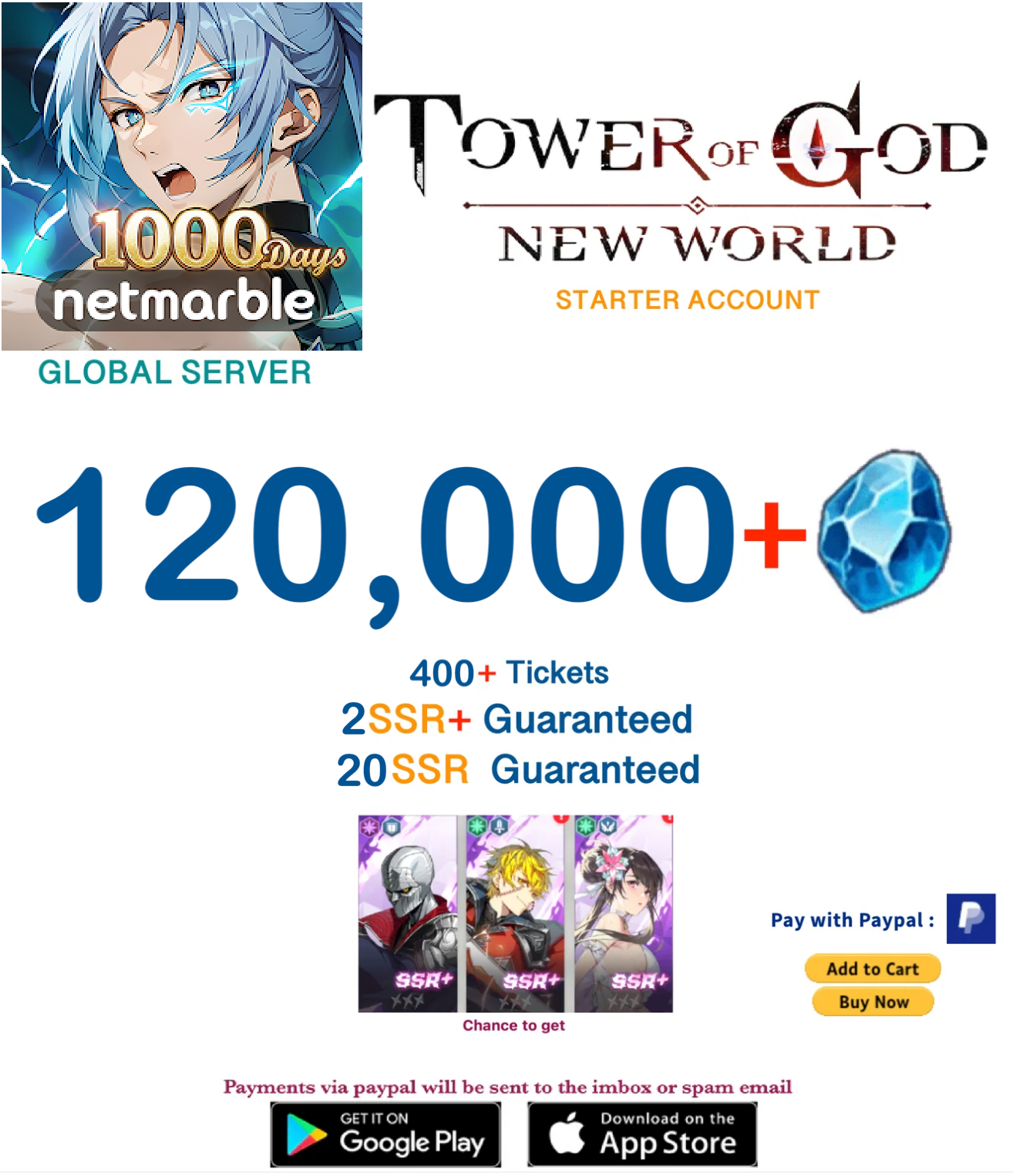 ⭐GLOBAL SERVER⭐ 120,000+ Gems Tower of God New World Starter Reroll Account