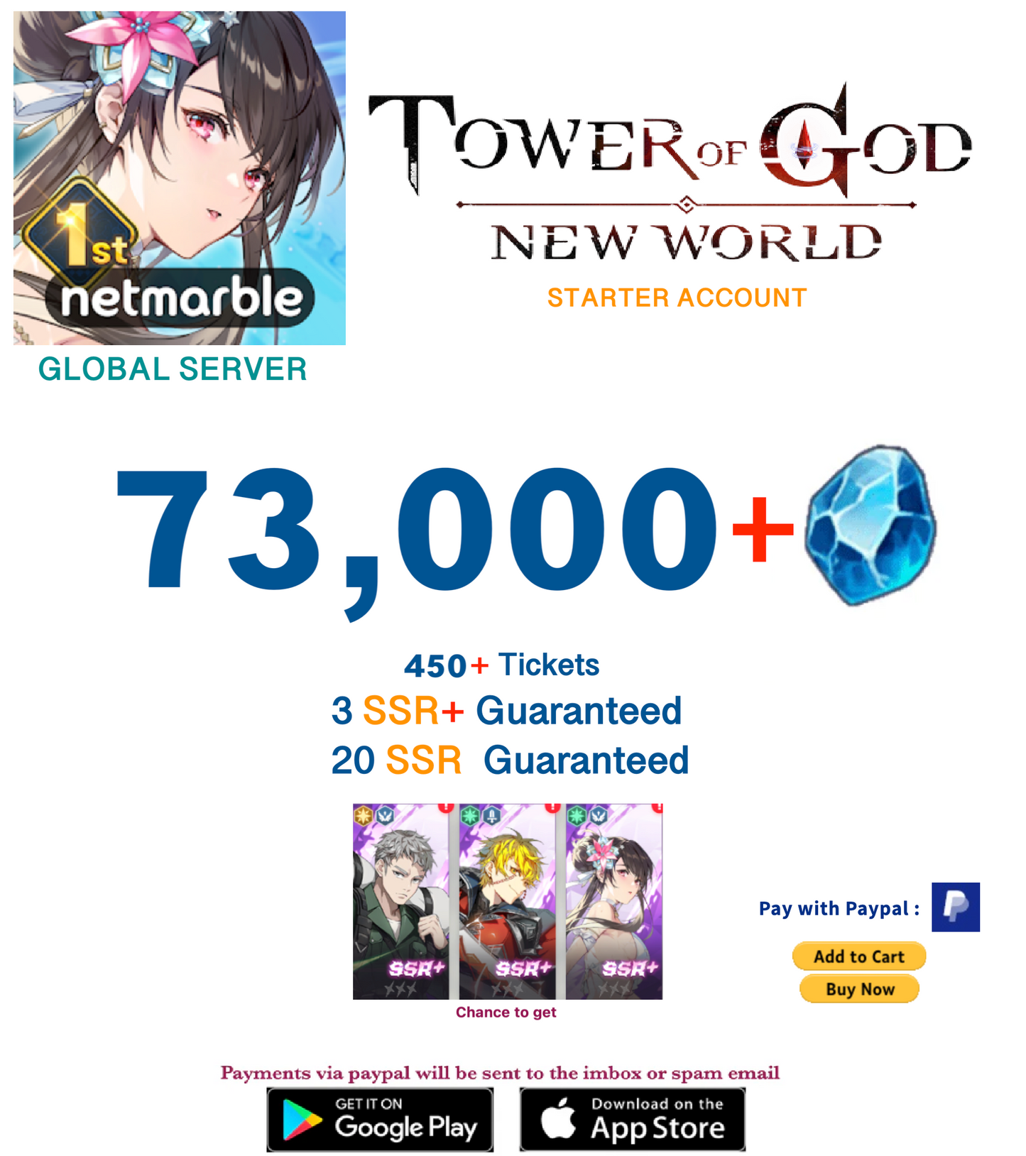 ⭐GLOBAL SERVER⭐ 73,000+ Gems Tower of God New World Starter Reroll Account