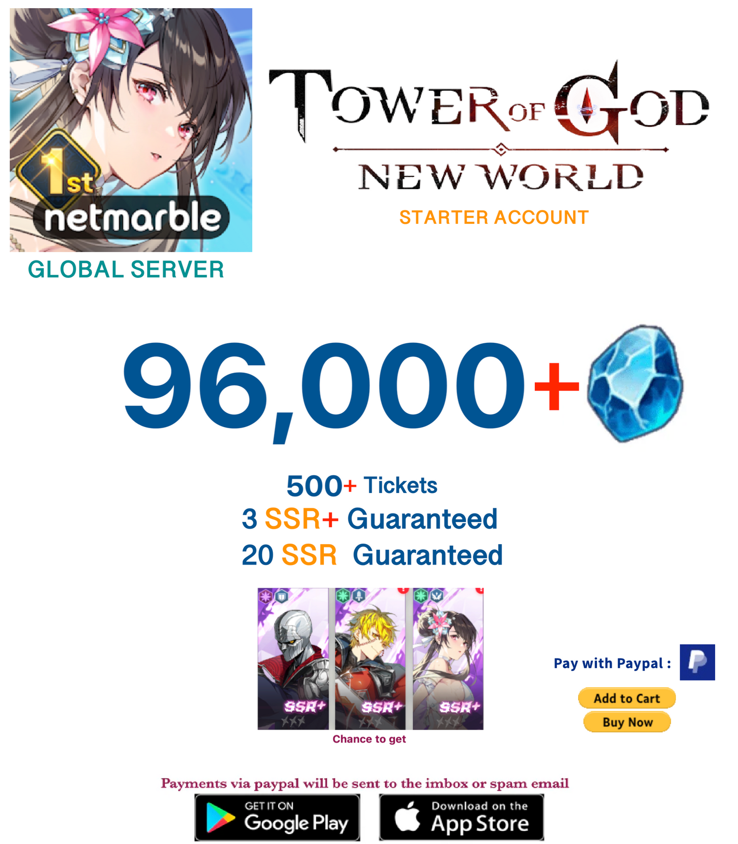 ⭐GLOBAL SERVER⭐ INSTANT DELIVERY⭐ 96,000+ Gems Tower of God New World Starter Reroll Account