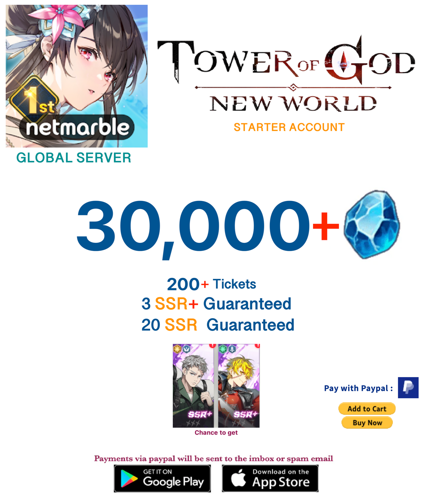 ⭐GLOBAL⭐INSTANT DELIVERY⭐ 30,000+ Gems Tower of God New World Starter Reroll Account