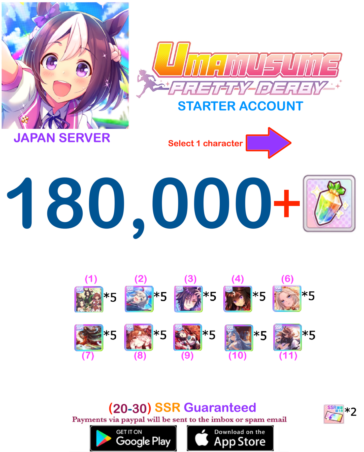 [JAPAN SERVER] 180000 + Gems Uma Musume Pretty Derby Starter Reroll Account v7