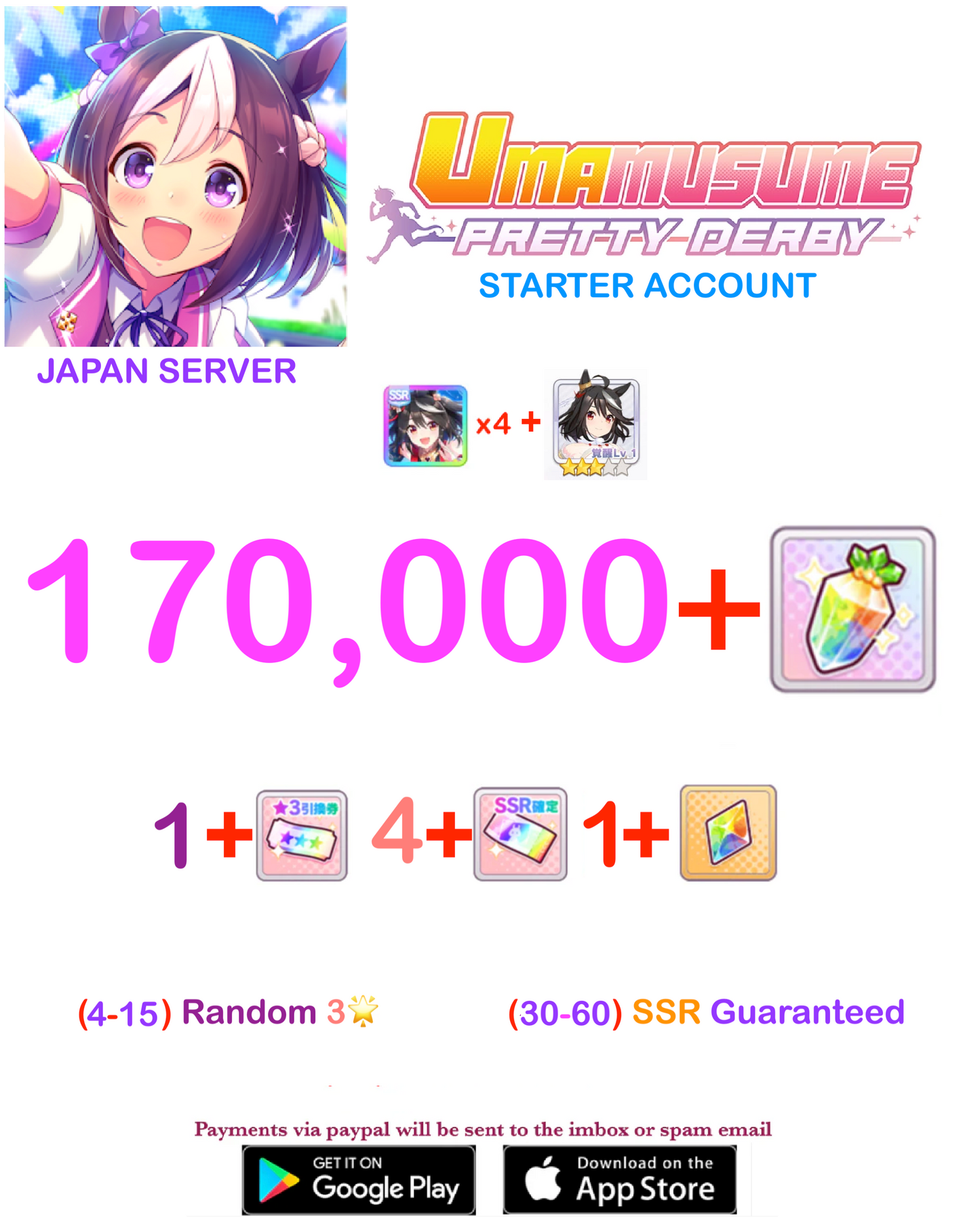 [JAPAN SERVER] 170000 + Gems Uma Musume Pretty Derby Starter Reroll Account v4
