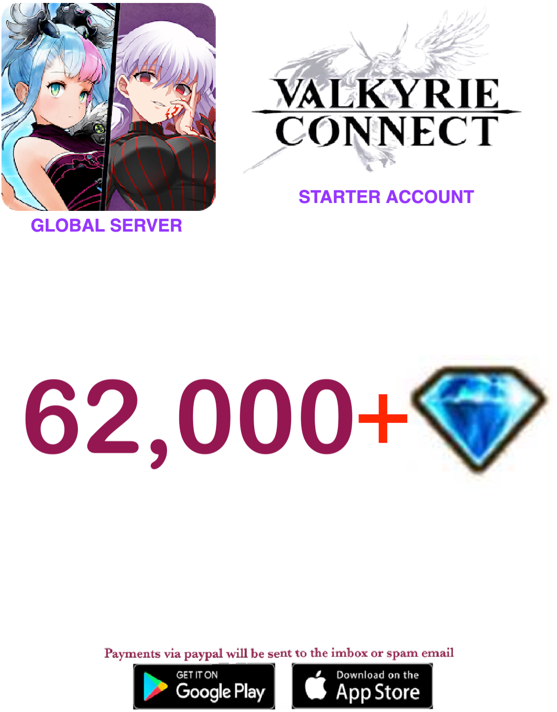 [GLOBAL SERVER]  62000 Diamonds Valkyrie Connect  Starter Account v1
