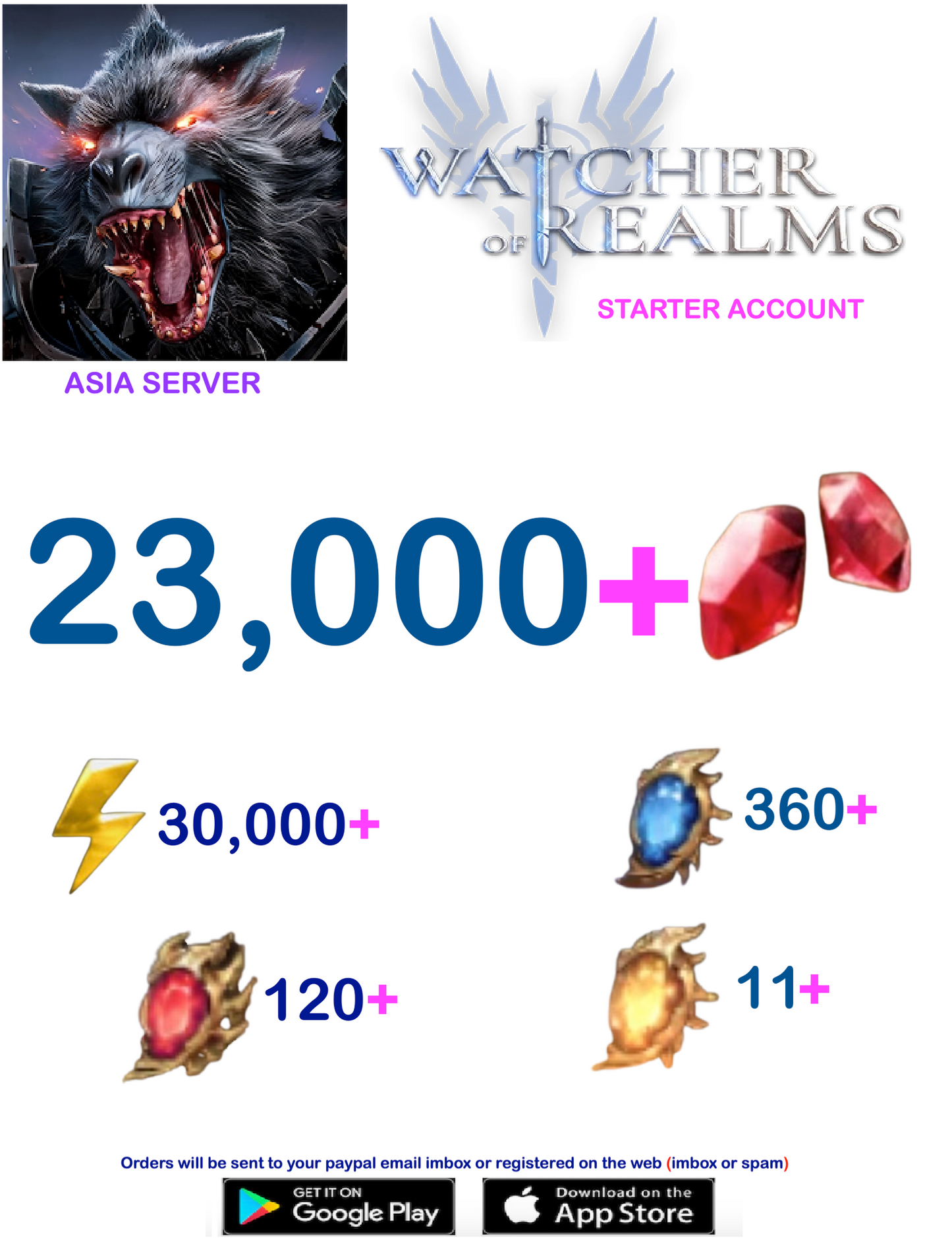 [ASIA SERVER] ?? + Gems Watcher of Realms Starter Reroll Account