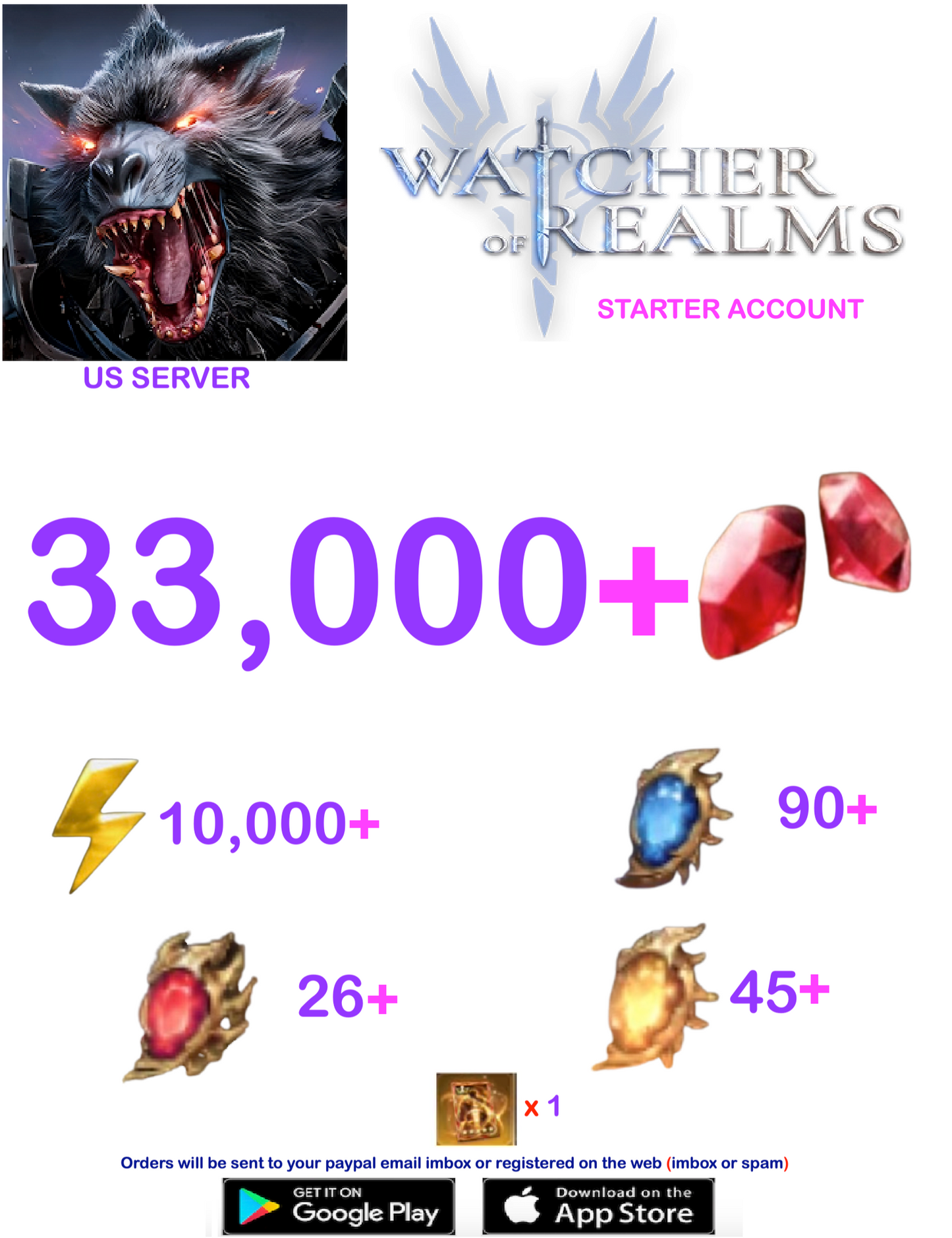 [US SERVER] ?? + Gems Watcher of Realms Starter Reroll Account