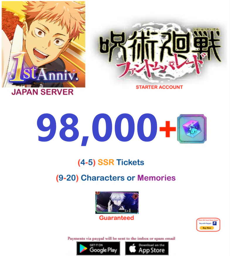 (Japan Server)  98,000  Gems + Gojo Domain   Jujutsu Kaisen: Phantom Parade Reroll Starter Account