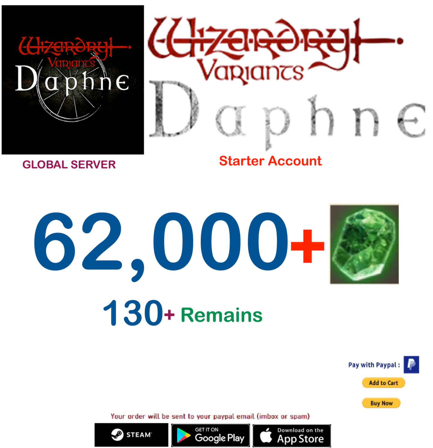 (Global Server)(INSTANT DELIVERY)  62.000 Gems  Wizardry Variants Daphne  Starter Account