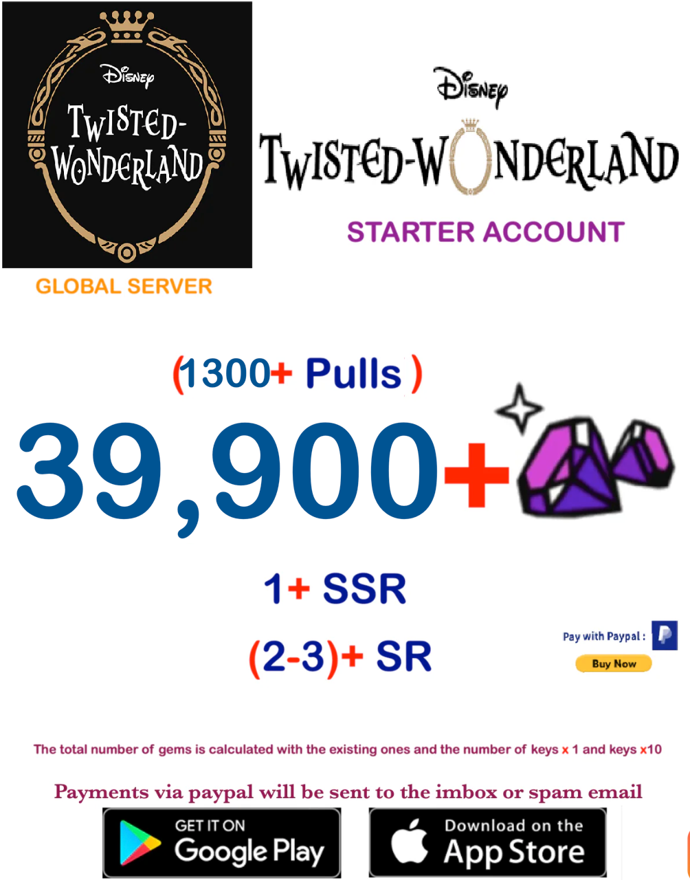 [GLOBAL SERVER/INSTANT DELIVERY] 39,900 Gems  Disney Twisted Wonderland Starter Account