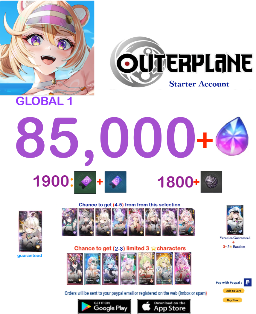 [GLOBAL 1 SERVER ] Outerplane 85.0000+ Ether   Reroll Starter Account v1