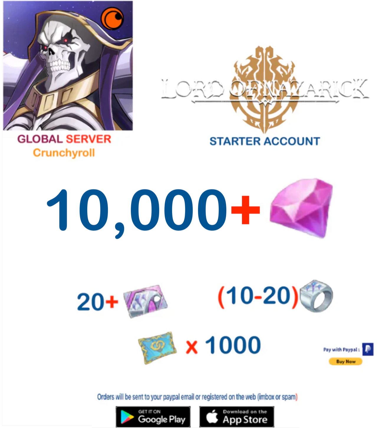 (Global Server)(CR Version)  10000+ Crystals Ovelord Lord of Nazarick