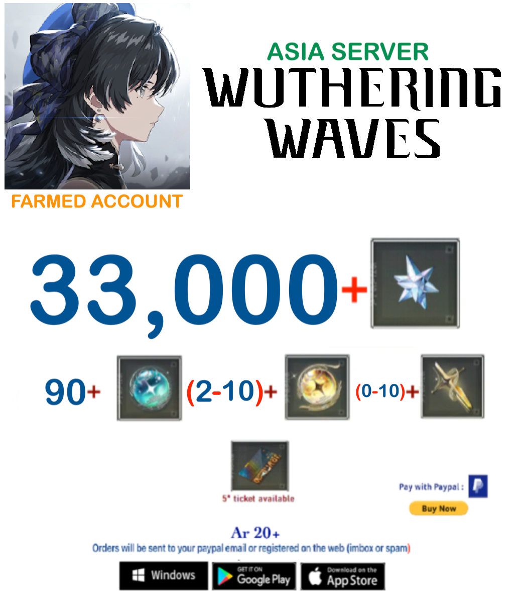 (Asia Server) 33,000 Wuthering Waves Farmed Account