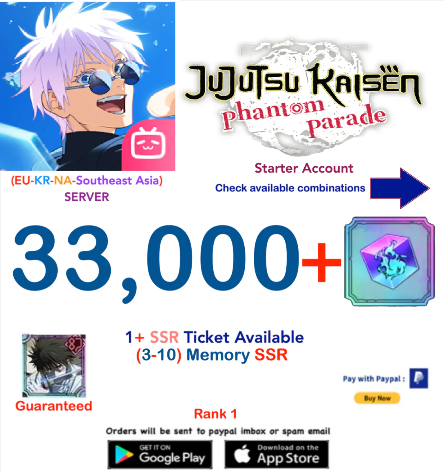 (NA-EU-SEA Server) 33.000 Gems  Jujutsu Kaisen: Phantom Parade Reroll Starter Account