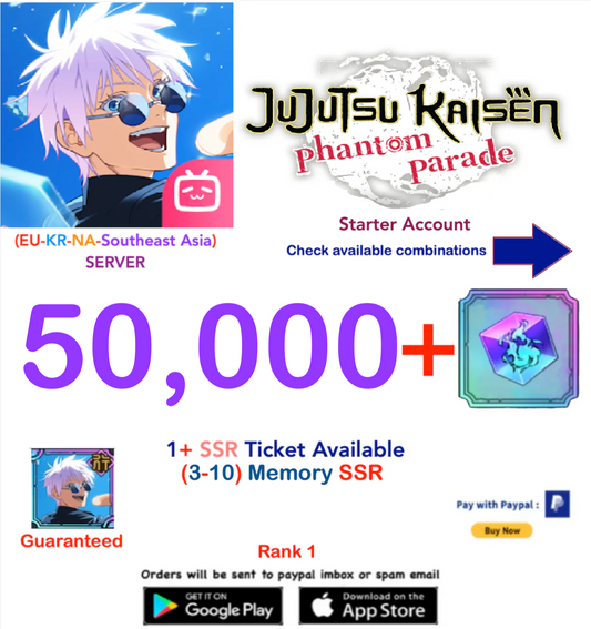 (NA-EU-SEA Server) 50.000 Gems  (The Strongest Blue) Satoru Gojo (Teen)  Jujutsu Kaisen: Phantom Parade Reroll Starter Account