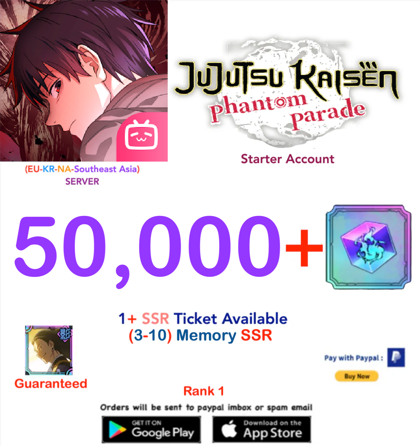 (NA-EU-KR-SA Server) 50,000  Gems  Jujutsu Kaisen: Phantom Parade Reroll Starter Account