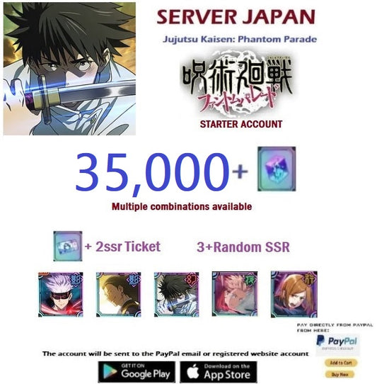 (Japan Server)  35,000  Gems +Multiple combinations available   Jujutsu Kaisen: Phantom Parade Reroll Starter Account